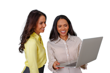 Businesswomen collaborating on laptop, discussing project, smiling, working together as a team with transparent background