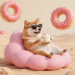 Summer Vibes Shiba Inu Chilling on a Pink Cloud Float with Coconut Drink and Donuts