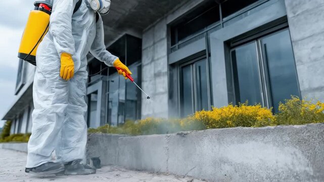 Technician applying protective treatments along the foundation of a modern office complex to halt pest invasion before it starts.
