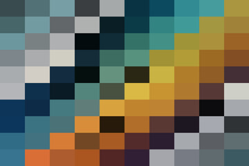Vibrant abstract pixel art pattern with geometric squares in diverse shades of blue, green, yellow, orange, and grey, digital background