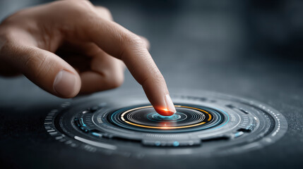 A human finger pressing a futuristic interactive digital interface with concentric circles and vibrant backlighting.