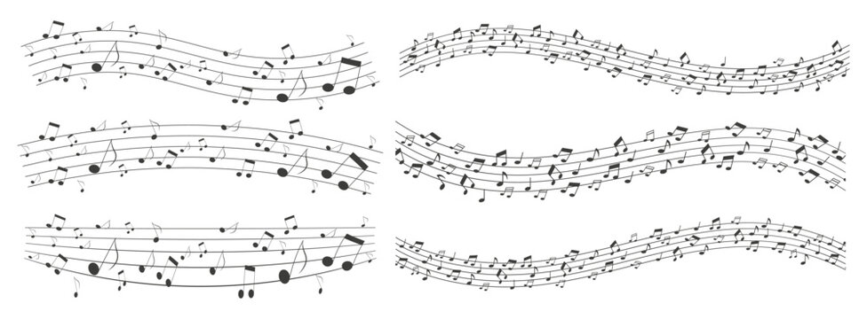 Music notes wave. Flowing musical staff lines with notes, clefs and melody rhythm patterns in dynamic circular, spiral and wavy shapes.