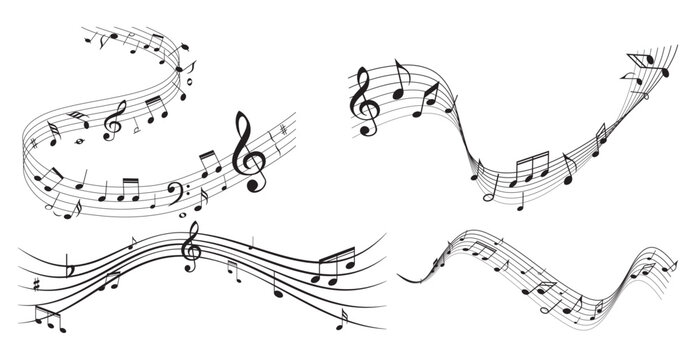 Music notes wave. Flowing musical staff lines with notes, clefs and melody rhythm patterns in dynamic circular, spiral and wavy shapes.