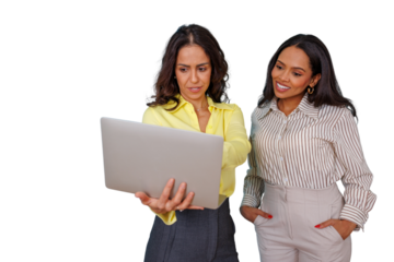 Professional businesswomen discussing work on laptop, collaborating and planning new strategies with transparent background