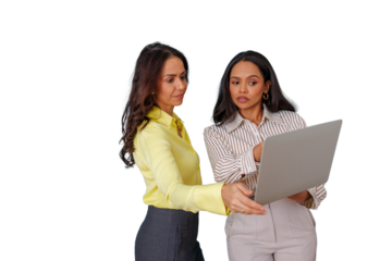 Diverse businesswomen collaborating on laptop, discussing project, sharing ideas, working together, transparent background