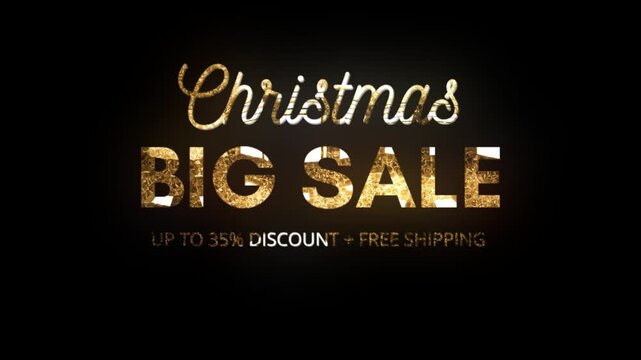 Christmas big sale animation for advertisement with gold text on black background