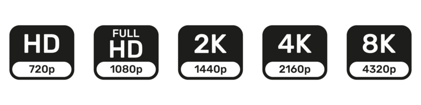 Video Resolution Icons In Silhouette Set. Hd, Full Hd, 2K, 4K, And 8K Quality Symbol Collection. Multimedia And Technology Use. HD Quality Set Icons. Isolated Vector Illustration