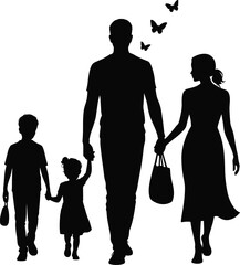 Family walking silhouettes, parents with children holding hands, love togetherness concept isolated white background vector