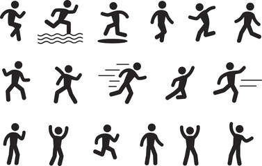 Running people icons set, stick figure walking jumping motion poses, activity symbols isolated background vector