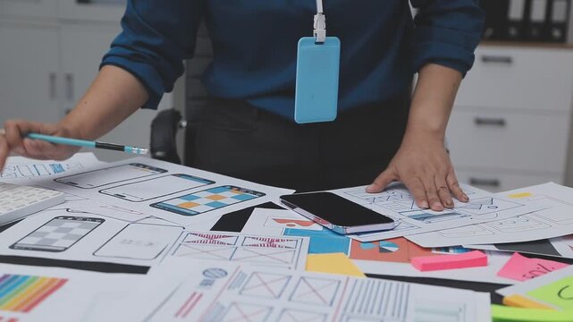 Professional woman working on UXUI design, creating wireframes and mockups for a mobile application while on a call