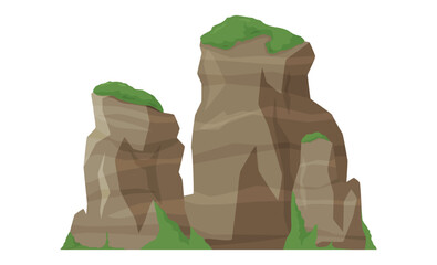 Mountains with green grass in a vector design showing natural landscape elements and varying shapes and heights of rock formations