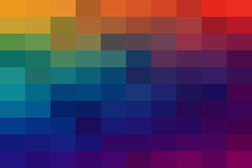 Obraz premium Vibrant pixel mosaic background with a smooth gradient spectrum of rainbow colors, transitioning from warm orange to cool blue and purple.