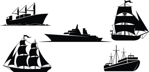 Ship silhouettes set, sailing ships and modern vessels collection, maritime transport isolated white background vector © Morsalin Creatives