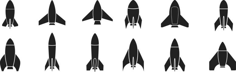 Rocket silhouettes set, spacecraft launch icons collection, space technology symbols isolated white background vector design