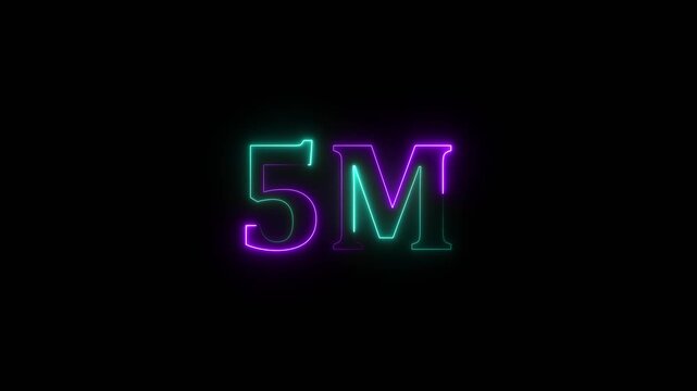 5m one million neon glowing text number animation, social media views counter -5m views 5M views text animation,5m number 4k video animation 5M text animation on black background.