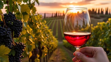 Hand holding glass of red wine vineyard.