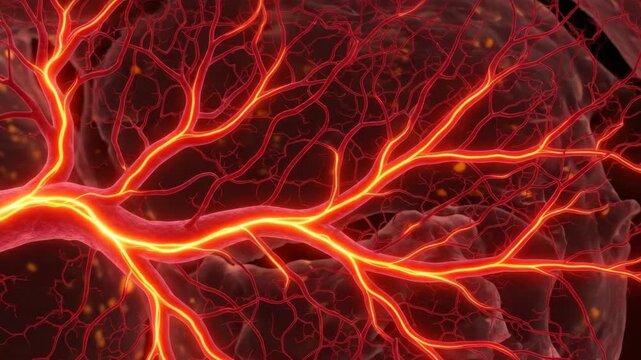Glowing red blood vessels and capillaries in human body