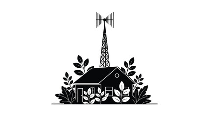 A minimalist illustration of a house with a radio tower amidst surrounding foliage