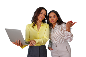 Diverse businesswomen collaborating on laptop, discussing project, partners working together, having an online meeting, transparent background