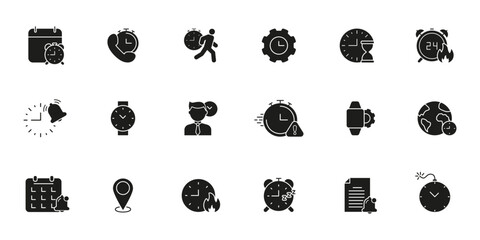 Time Management And Scheduling Solid Icon Set. Efficient Planning, Deadline Tracking, And Global Time Coordination Silhouette Symbol Collection. Isolated Vector Illustration