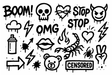 Obraz premium Graffiti doodle vector set created in a raw spray-painted black ink style with dripping textures and grunge edges, isolated on white background 