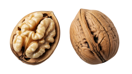 walnuts one shelled and one unshelled side by side