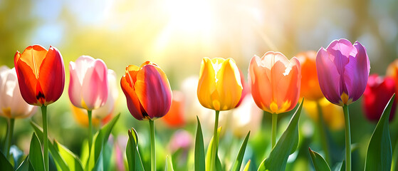 Fototapeta premium Vibrant tulips in colorful bloom under sunny springtime sky