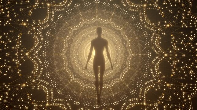 Human silhouette centered within a rotating sacred geometry mandala, chakra points glowing in harmony. Gold-white light accents create an elegant esoteric design with clean space for a headline.
