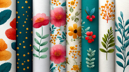 A collection of colorful floral and botanical patterns displayed on fabric rolls arranged side by side.
