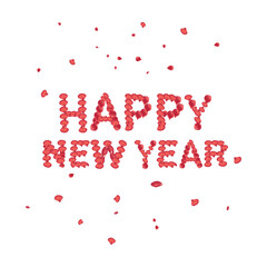 Happy New Year text made of red rose petals isolated background, festive celebration concept