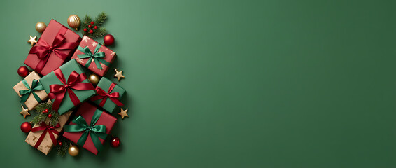 Abundant Christmas gift collection with red and green boxes, gold stars, and festive ornaments spilling on a green background, top view