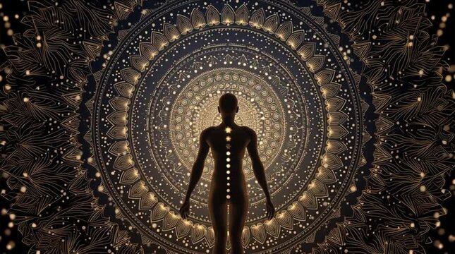 Human silhouette centered within a rotating sacred geometry mandala, chakra points glowing in harmony. Gold-white light accents create an elegant esoteric design with clean space for a headline.
