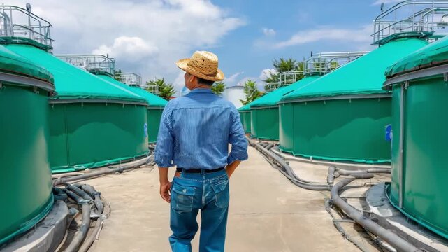 Farmer inspecting large dairy manure digester tanks at a clean energy farm converting cow waste into renewable biogas power in a rural agricultural setting.