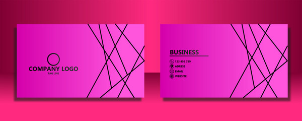 Pink gradient business card design with abstract lines and placeholder text for company logo and contact information.