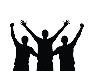 Three silhouettes of people with arms raised in a celebratory pose