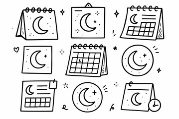 Hand-drawn doodle vector set of calendars with crescent marks, created in a fun doodle style, isolated on white background
