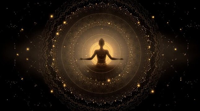Human silhouette centered within a rotating sacred geometry mandala, chakra points glowing in harmony. Gold-white light accents create an elegant esoteric design with clean space for a headline.
