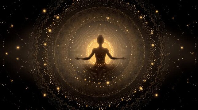 Human silhouette centered within a rotating sacred geometry mandala, chakra points glowing in harmony. Gold-white light accents create an elegant esoteric design with clean space for a headline.
