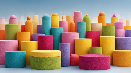 Colorful assortment of textured cylindrical shapes resembling a vibrant cityscape of buildings in pastel hues against a blue sky.