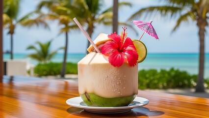 Coconut drink with flower garnish on wooden table