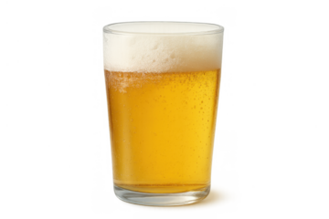 Pint glass filled with golden lager beer, foam head on top, refreshing alcoholic drink with transparent background