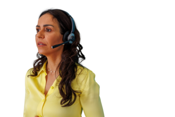 Female call center worker wearing headset talking, providing customer service support, helpdesk operator, transparent background