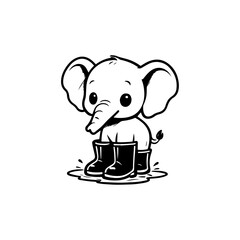 Baby elephant wearing oversized rain boots black and white clip art