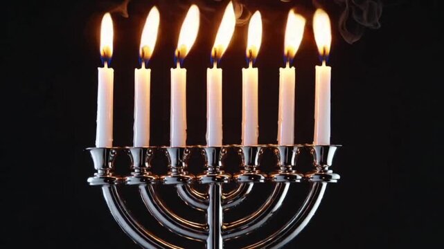 A row of nine white candles burning in a menorah are blown out, front view
