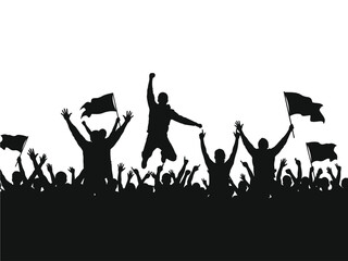 A jubilant crowd celebrates with raised arms and waving flags in silhouette