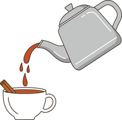 Illustration of teapot pouring tea into teacup with cinnamon stick isolated on transparent background
