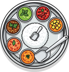 Cartoon illustration of indian thali meal platter with rice and curries isolated on transparent background