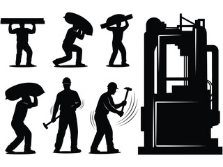 Obraz premium Silhouettes of construction workers performing various tasks at a building site
