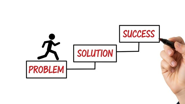 Stick figure illustrates the three-step journey from problem identification through solution to ultimate business success