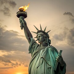Fototapeta premium Majestic Statue of Liberty at Sunset Iconic Symbol of Freedom and American Independence in New York Harbor Generative Ai.
